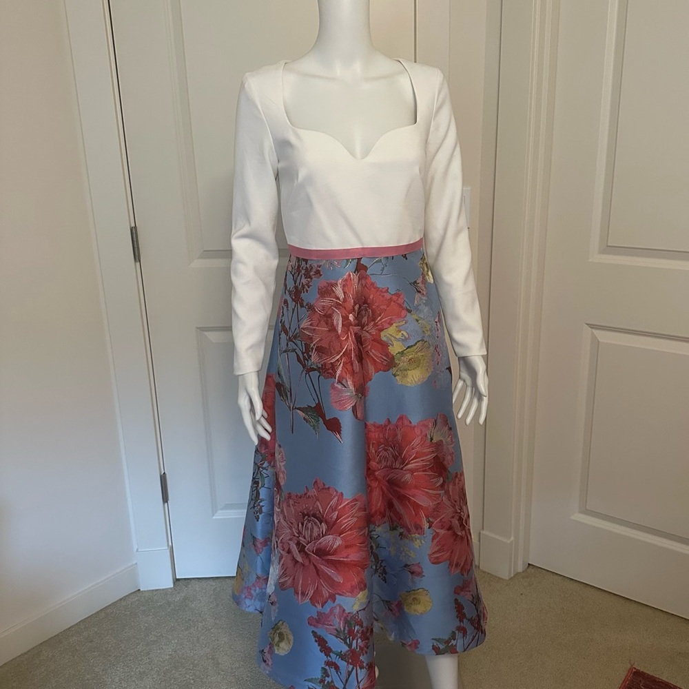 Theia Alondra A-Line Dress Size 0 Evening Gown Floral Midi Dress with White Top